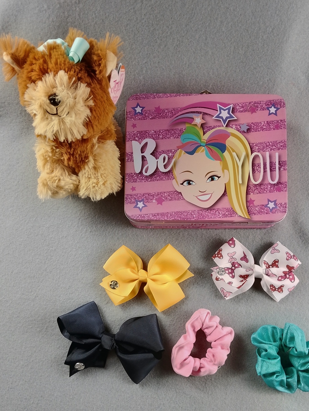JoJo Siwa Pink Glitter Tin with Dog Plush Hair Bows and Scrunchies Lot of 7